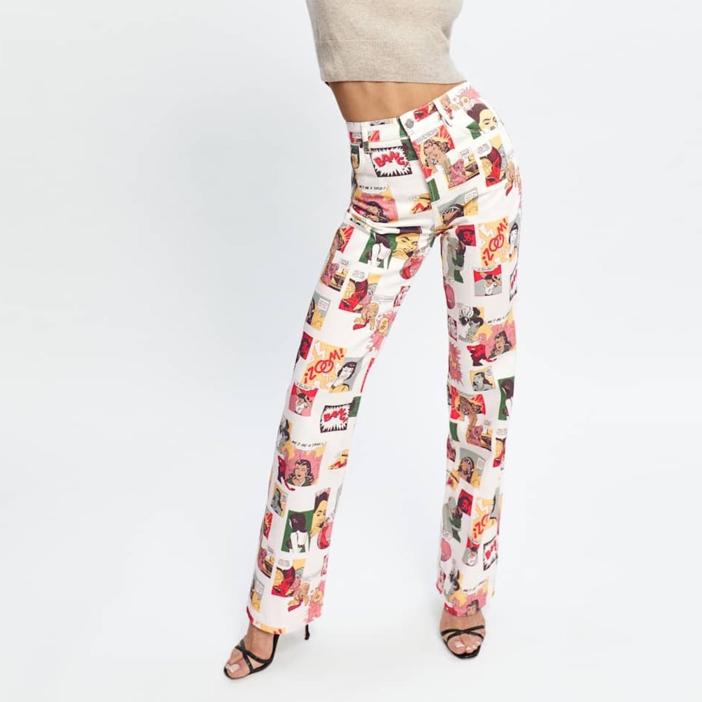 Reformation Colourful Comic Graphic Print High Waisted Pants/Jeans